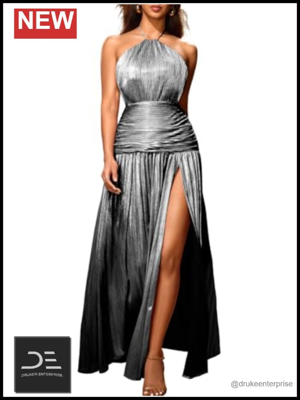 Metallic Pleated Halter Formal Evening Gown with High Slit Maxi Dress